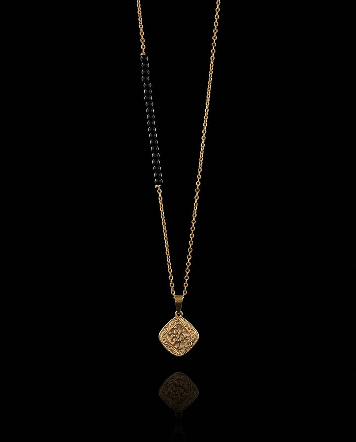 Mandala Necklace-Black Beads, Vermeil Gold.