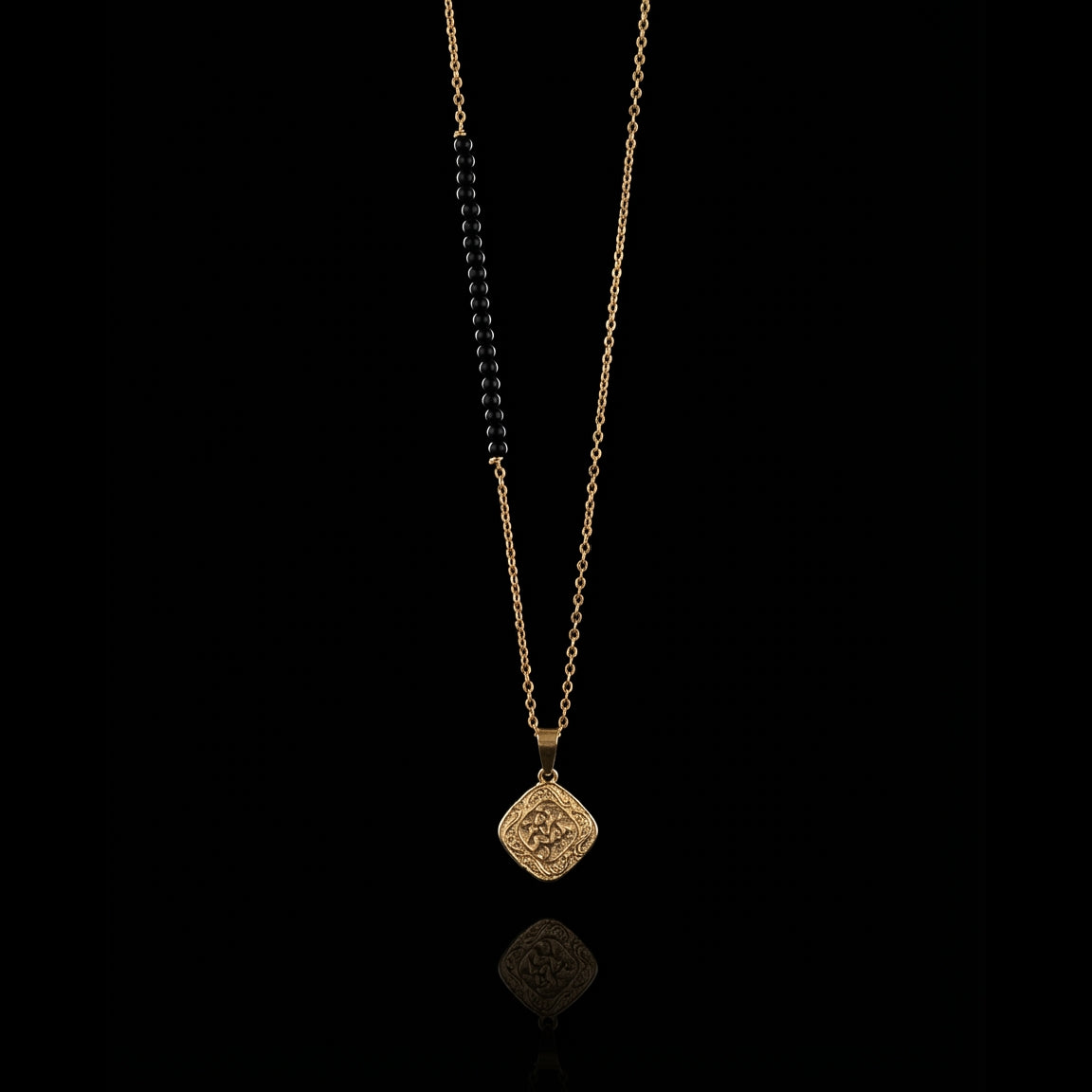 GENTS. Mandala Black Bead Pendant Necklace Gold Vermeil 18K Black Onyx 316L Stainless Steel 65cm