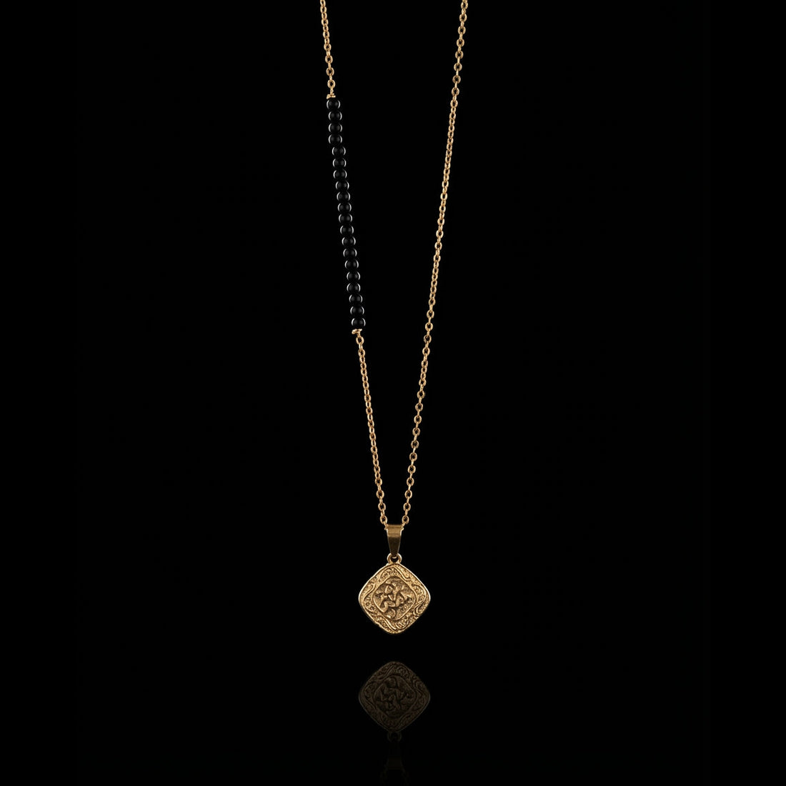 GENTS. Mandala Black Bead Pendant Necklace Gold Vermeil 18K Black Onyx 316L Stainless Steel 65cm