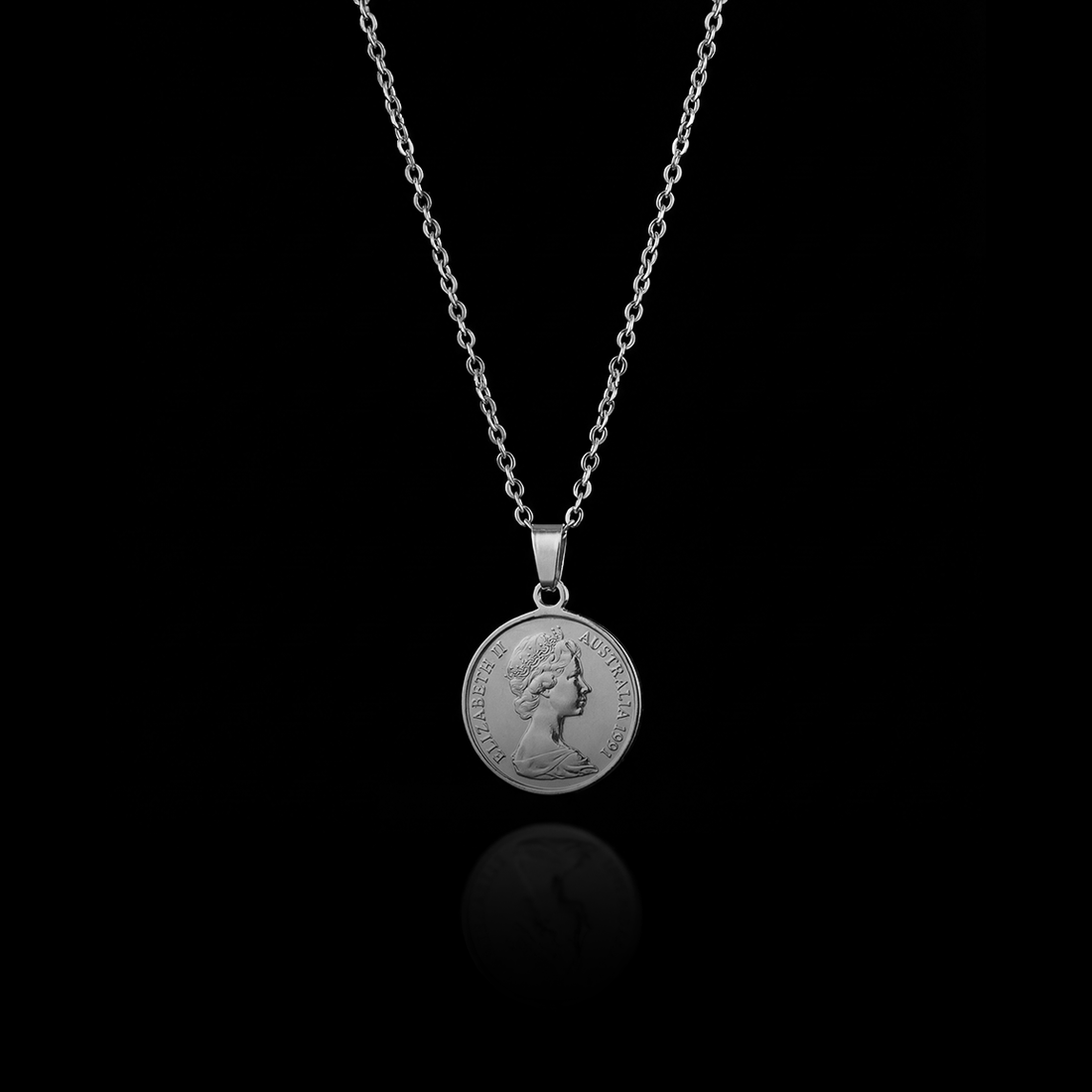 GENTS. Elizabeth Coin Pendant Necklace Silver 316L Stainless Steel 60cm Cairo Egypt