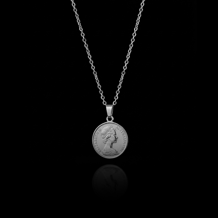 GENTS. Elizabeth Coin Pendant Necklace Silver 316L Stainless Steel 60cm Cairo Egypt